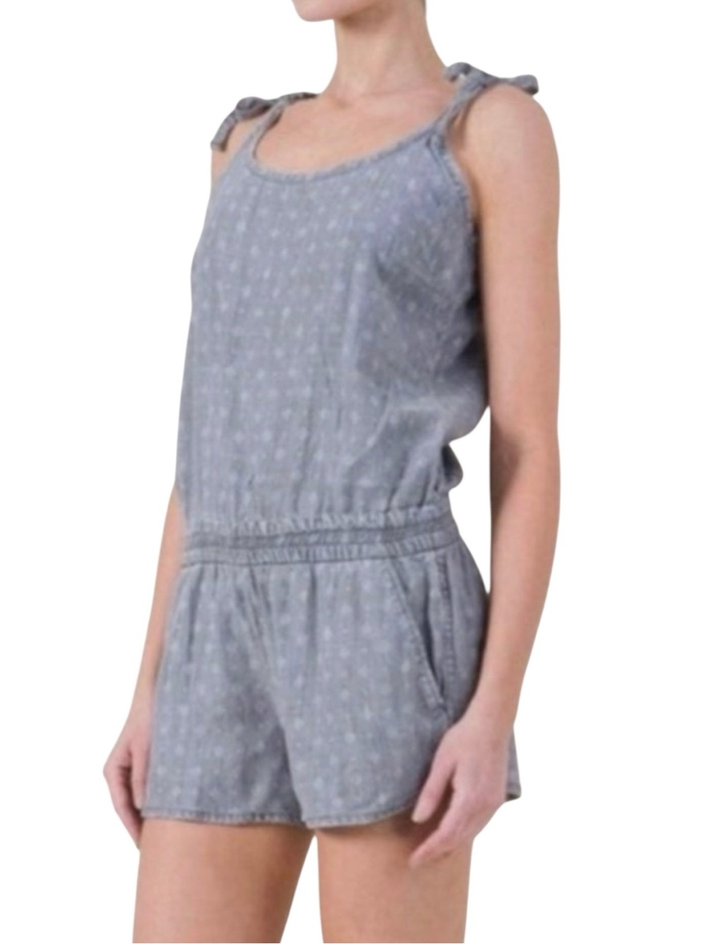 Anthropologie Level 99 Cassie Chambray Romper Gray Printed Denim Size Medium